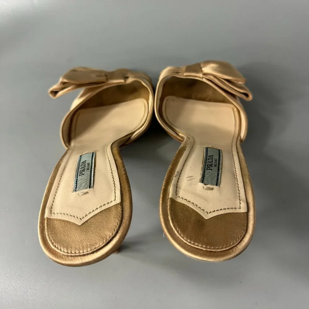 Authentic Prada Gold Silk Evening Mules with Asymmetric Bow, Size 39 1/2 - Picture 7 of 14